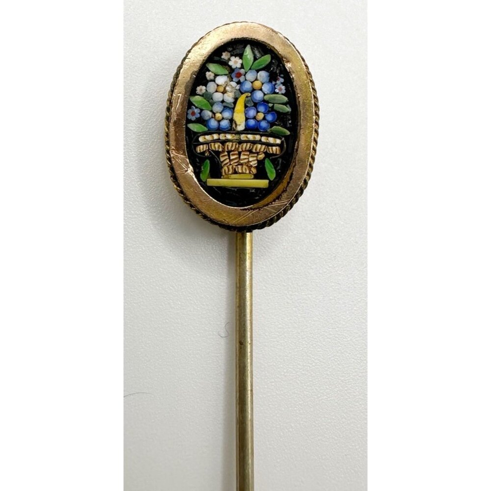 Vtg‎ Victorian Micro Mosaic Stick Pin Colorful Floral Basket Rare